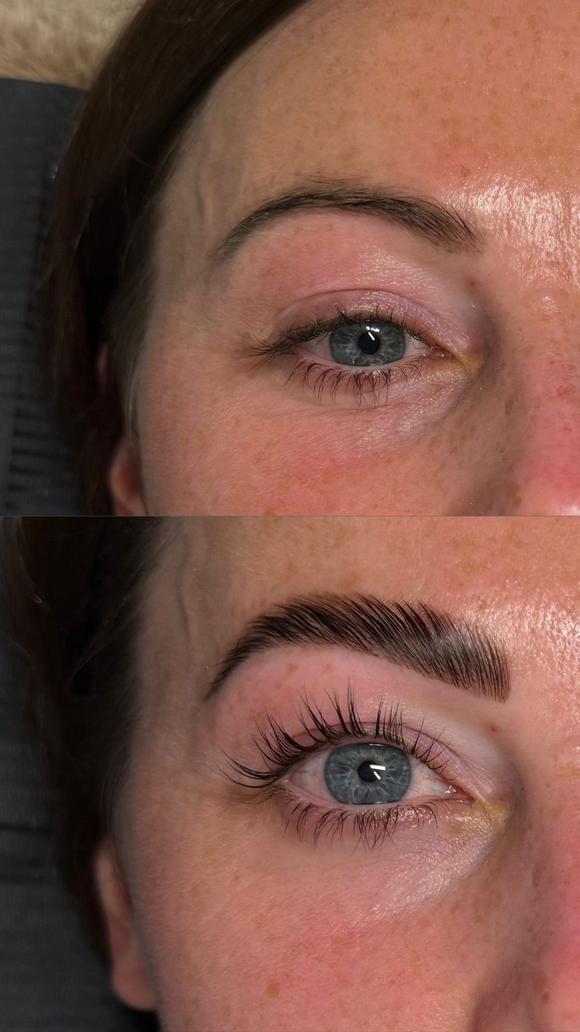 Real client before and after a combo lift — brow lamination, tint, and Korean lash lift
