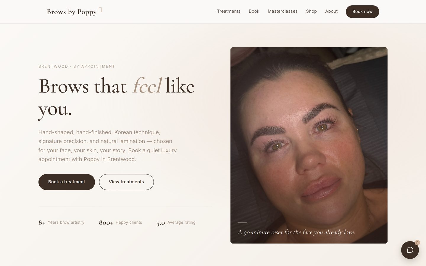 Brows by Poppy live site — hero section with client result photo
